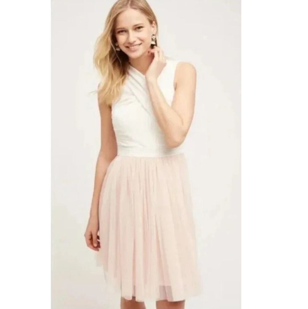 HD in Paris Darla Dress Womens Medium Blush Pink Tulle Cream Criss Cross Party